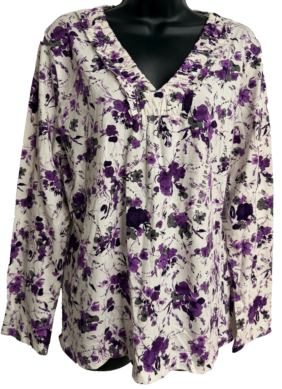 Passports Ruffle V-Neck Blouse Women's XL Purple Floral Long Sleeve Top NEW